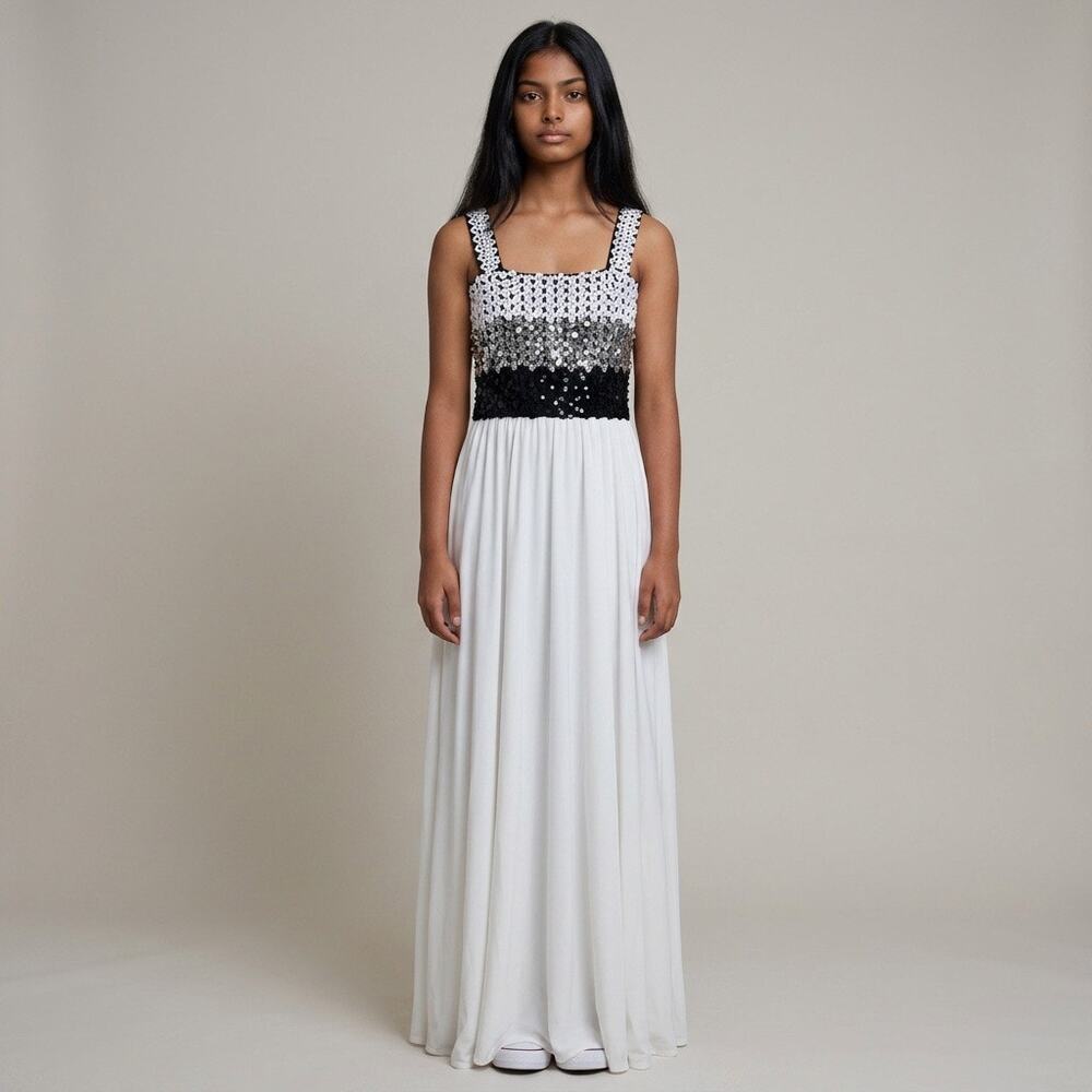 Vintage 1970s Studio 54 Sequin Maxi Dress White Silver Black Disco Gown -
